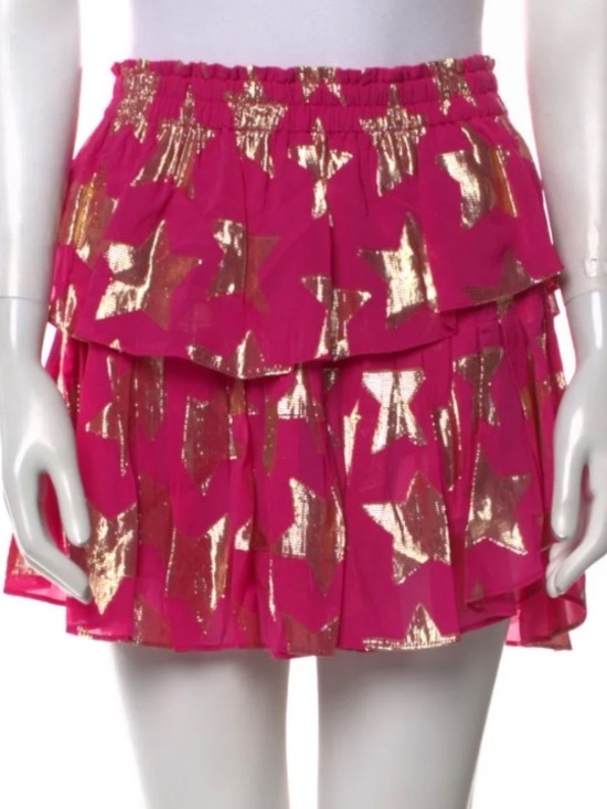 LoveShackFancy Dresses & Skirts - Loveshackfancy Pink Tiered Star-Print Mini Skirt with Gold Stars